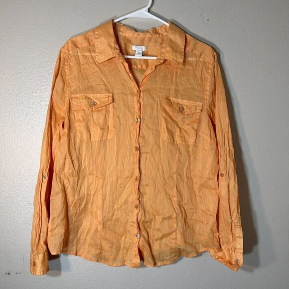 Chicos Top Cotton Ramie 3 (XL) Shirt Blouse Button Up Solid Collared Lightweight - Picture 1 of 5
